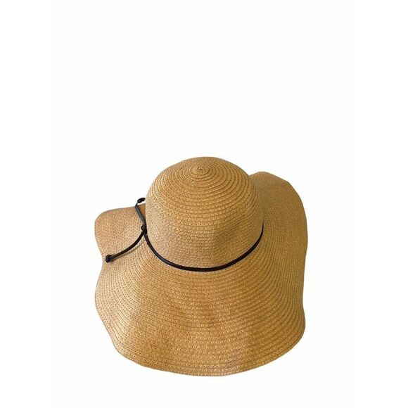 Womens Large Tan Floppy Folding Wide 5” Brim Straw Sun Beach Hat Rue 21 Etc! OS - Picture 4 of 8